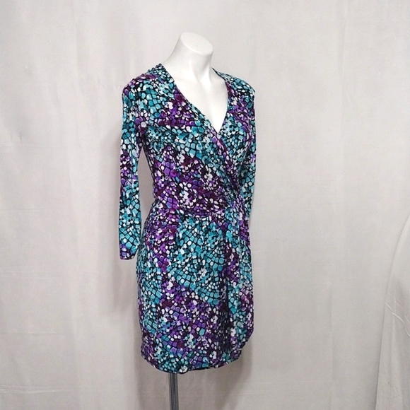 Shelli Segal Faux Wrap Cocktail Dress Size 2 Purple Teal Ruched V-Neck Elegant - Picture 11 of 15
